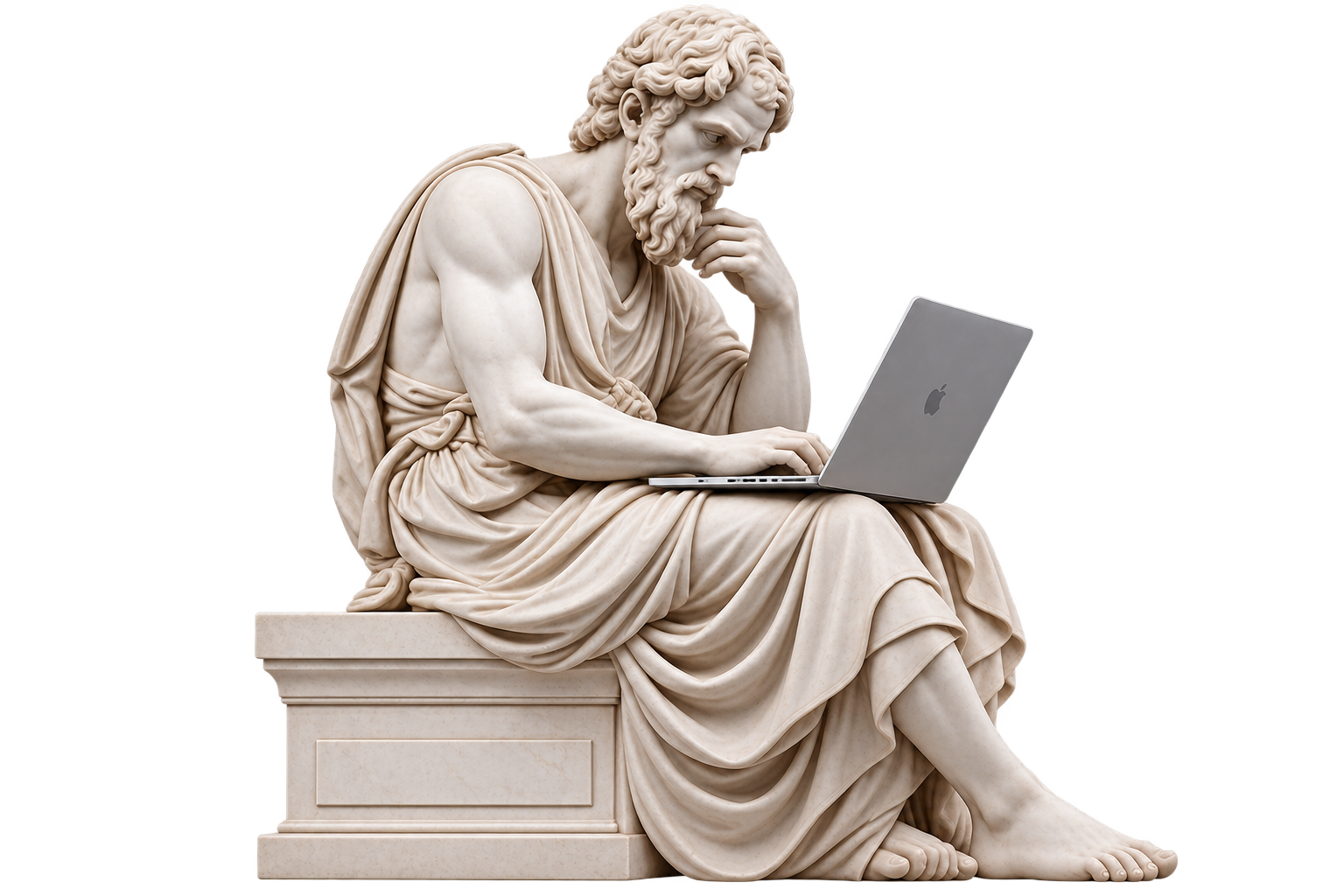 Escultura clásica trabajando en una laptop